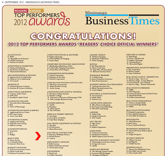 The Mississauga Business Times awarded B-Safe Electric with Gold award in the Best Electrical Contractor category.