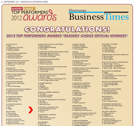 The Mississauga Business Times awarded B-Safe Electric with Gold award in the Best Electrical Contractor category.
