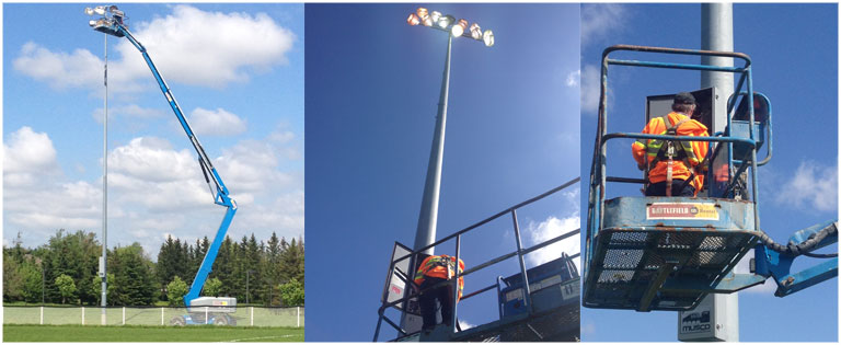 B-Safe Electric using a crane to perform park illumination maintenance